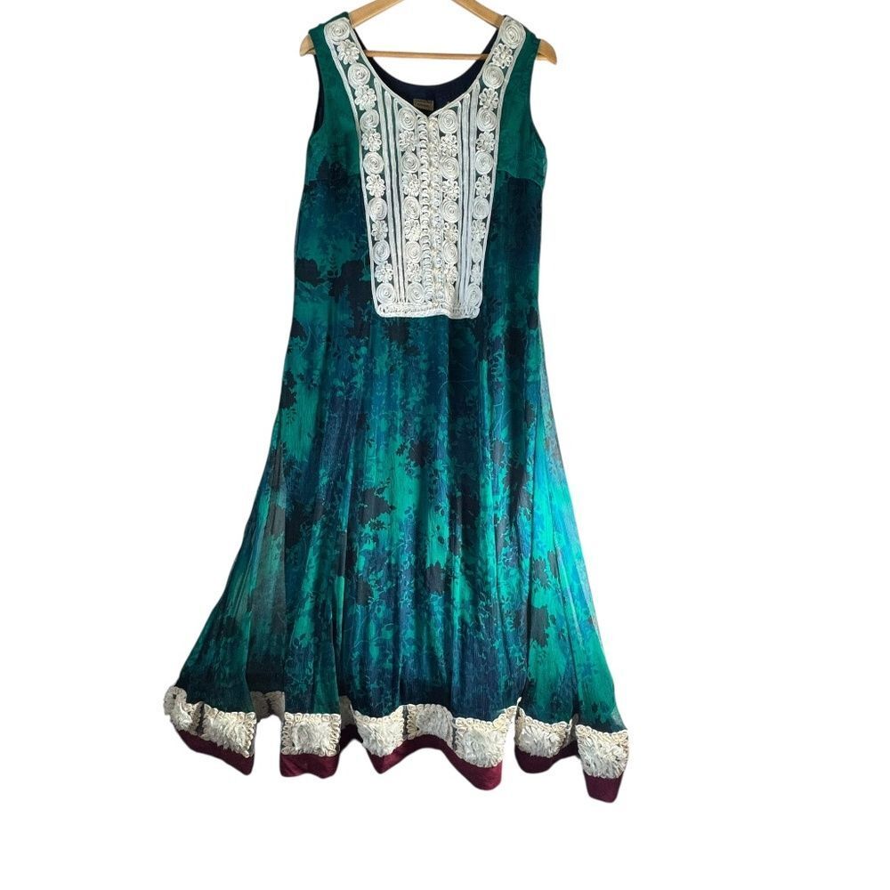 Shaiyanne Malik Green Floral Silk Embellished Dress Sz L